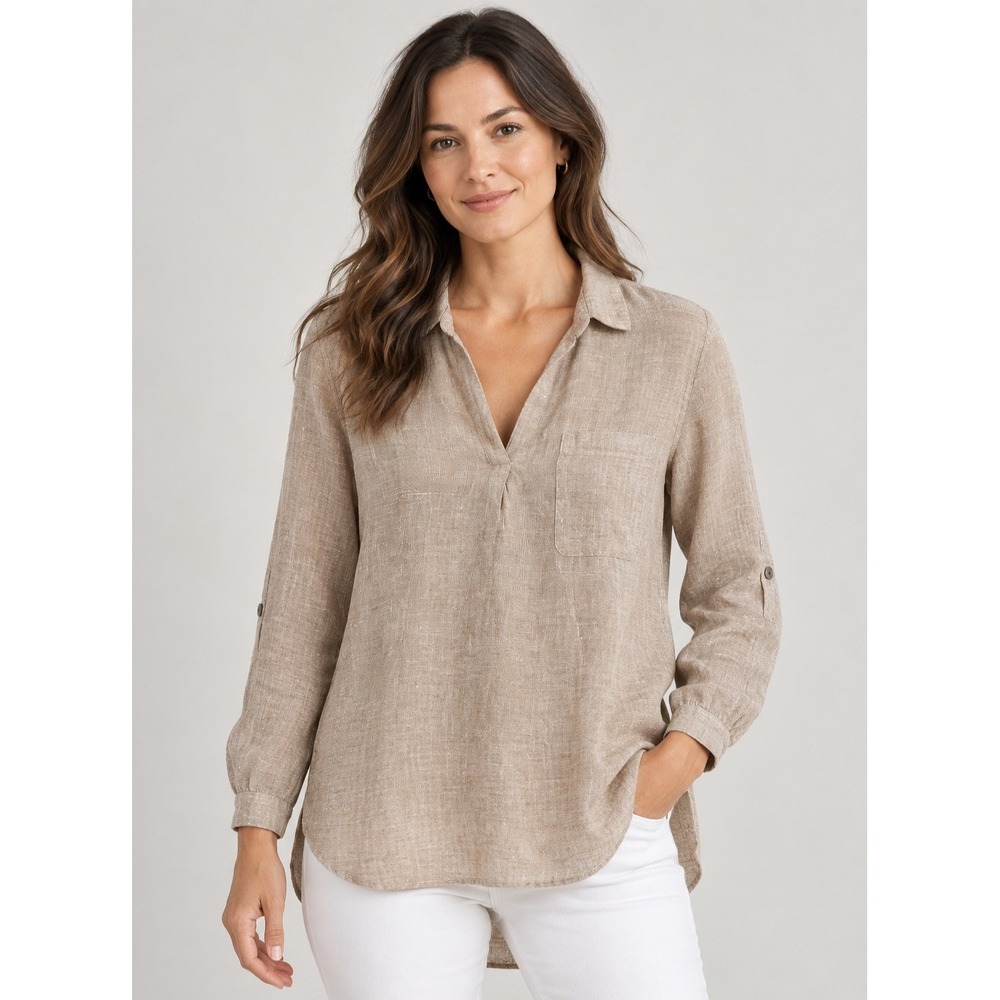 J.Jill Love Linen Tunic Top Oatmeal Heather Roll Tab Sleeve Blouse Medium